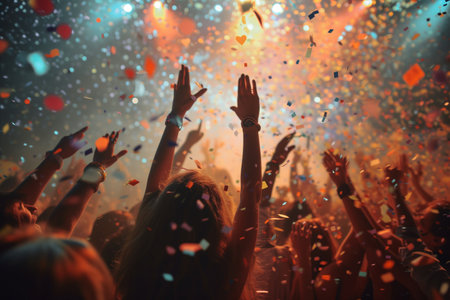 Group of people at a party surrounded by confettiの素材