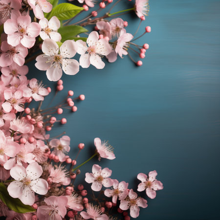 Pink Cherry Blossomon blue background with copy space. Welcome Spring backgroundの素材