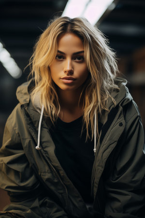 Young blonde woman wearing sporty jacketの素材