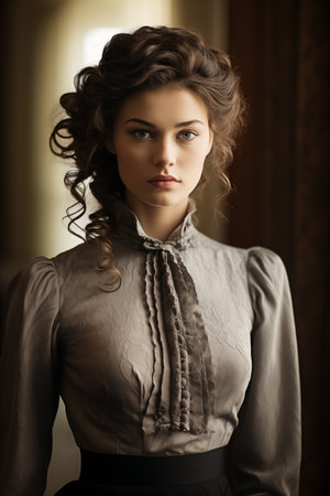 Elegant Woman in Vintage Clothes Posing for a Portrait Indoorsの素材