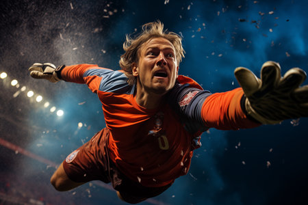 Football goalkeeper on the stadium fieldの素材