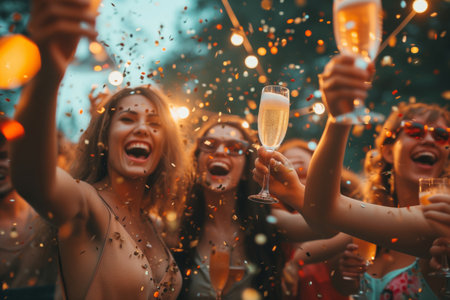 Joyful Group of Friends Celebrating With Champagne at an Outdoor Evening Partyの素材