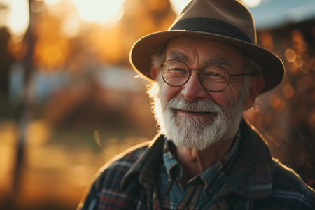 Portrait of a senior man in hat and glasses at sunsetの素材