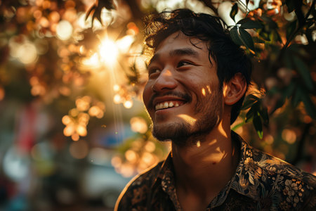 Smiling Man in Floral Shirt Enjoying Golden Hour Sunlight Outdoorsの素材