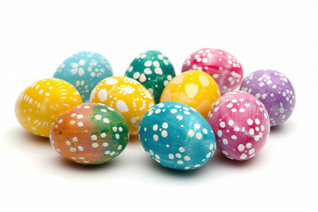 Colorful hand-painted easter eggs on white backgroundの素材