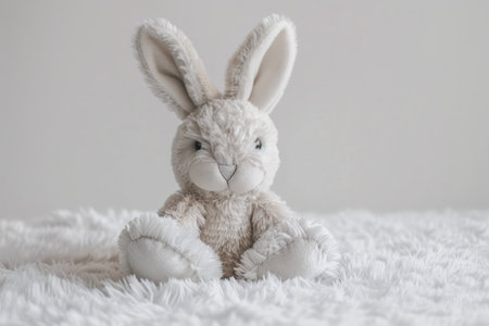 Fluffy Gray and White Stuffed Bunny Rabbit Sitting on a Soft Textured Blanketの素材