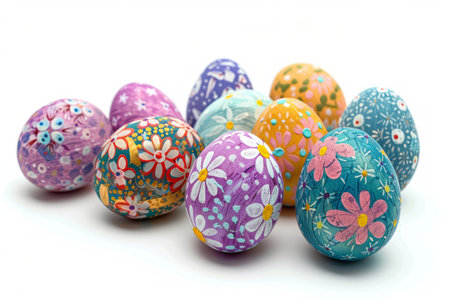 Colorful hand-painted easter eggs on white backgroundの素材