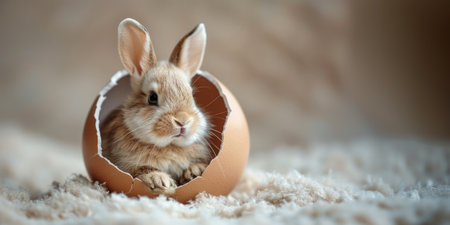 Cute little rabbit in eggshell on fur background, closeupの素材