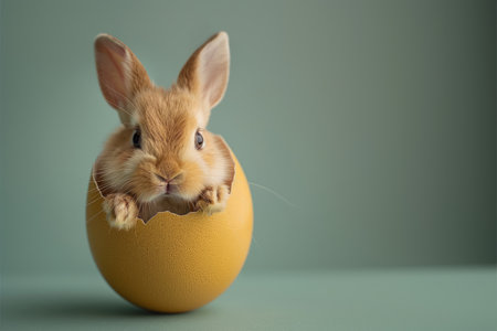 Fluffy bunny peeking out of a yellow easter egg on blue background with copy space. happy easter conceptの素材