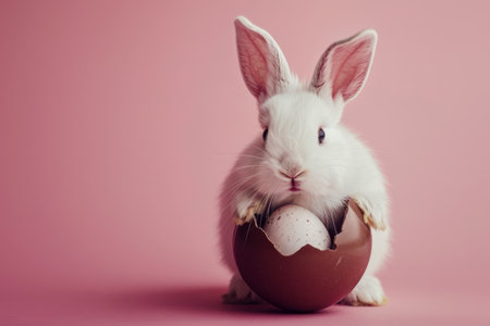 Cute little white rabbit with chocolate egg on pink background. Easter holiday concept.の素材