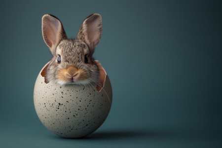 Cute Easter bunny peeking out of an egg on blue backgroundの素材