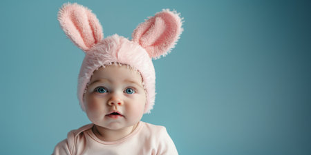 Adorable baby in bunny ears on a blue background with copy spaceの素材
