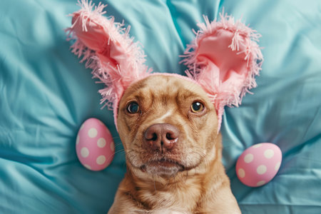 Cute dog in bunny ears with Easter eggs on bed, top viewの素材