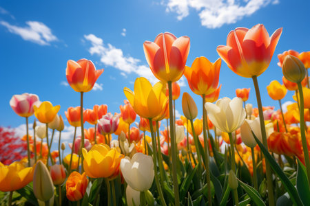 Tulips in a sunny field under blue sky with white cloudsの素材