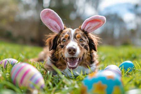Adorable Australian Shepherd puppy with bunny ears and colorful easter eggs on green grassの素材
