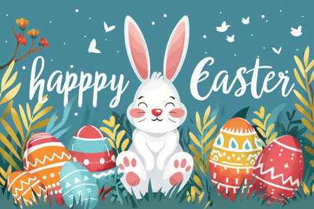 Happy Easter greeting card with cute bunny and colorful easter eggsの素材