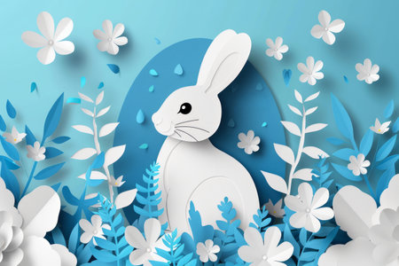Happy Easter greeting card, paper cut of cute easter bunnyの素材