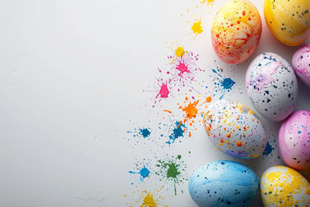 Colorful Hand-Painted Easter Eggs With Vibrant Splashes on a white background with copy spaceの素材