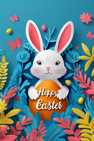 Happy Easter greeting card with cute bunny and easter eggsの素材