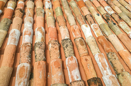 A pattern of close up real objects, upward positioned red roof tiles background.