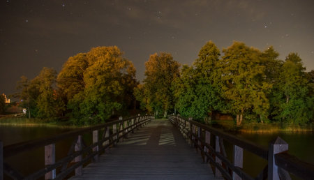 Starlit night sky and the Trakai bridge in Lithuaniaの写真素材