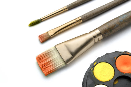 Three artist paint brushes with water colour palette isolated on white backgroundの写真素材