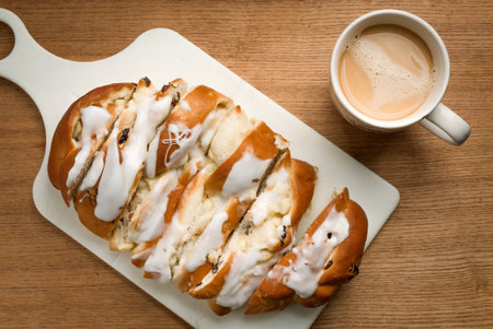 Sweet bakery breakfast bread milk coffee  wooden backgroundの写真素材