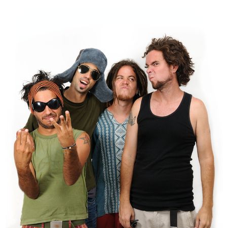 Crazy team of young friends standing isolatedの写真素材