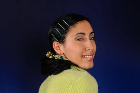 Portrait of young trendy hispanic woman with happy expressionの写真素材