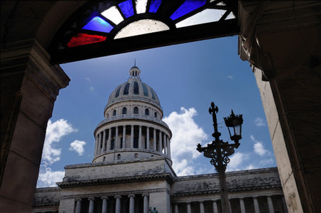 A view of Havana Capitoly from typical window facadeの写真素材