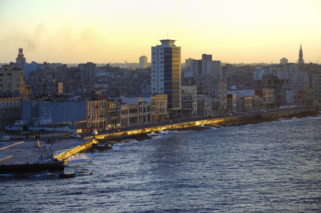 View of Havana waterfront and skyline at sunsetの写真素材