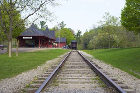 DUNDAS,CANADA-May 9,2015: Dundas Conservation area Trail Centre, a victorian reproduction of a an old railway station with a short tract section built in 1929 the train car was donated by the Canadian Pacific Railway in 1978.のeditorial素材