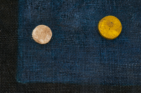 Colorful grunge textured hand-painted art abstract burlap background with circlesの写真素材