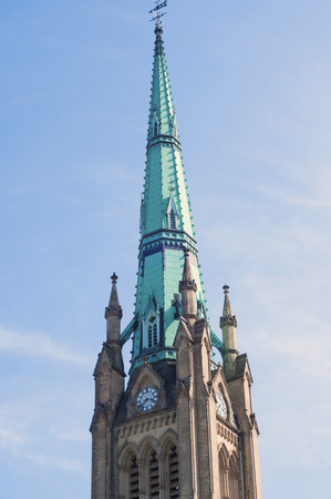 Toronto church tower detail against blue skyの写真素材