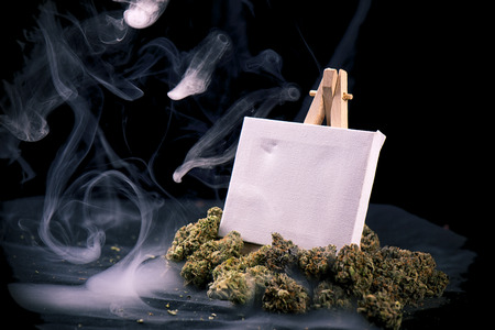 Blank canvas on easel with dried cannabis buds isolated over black background with smoke swirlsの写真素材