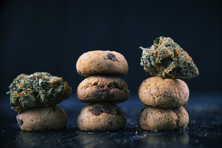 Background with cannabis nugs (forum cut cookies strain) over infused chocolate chips cookies - medical marijuana edibles conceptの写真素材