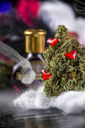 Macro detail of cannabis bud (love potion marijuana strain) with smoke dark backgroundの写真素材