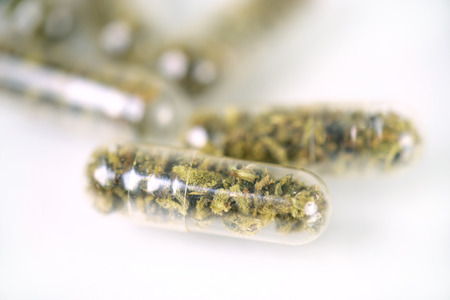 Medical marijuana concept with dry cannabis pills isolated on white backgroundの写真素材