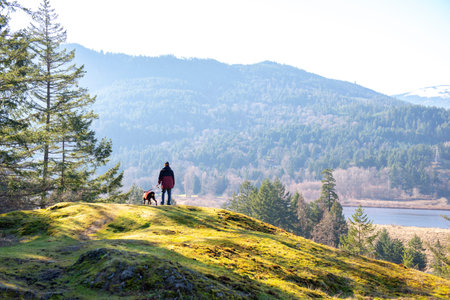 Man and his dog contemplating the view after a hike on Vancouver Island, BC, Canada