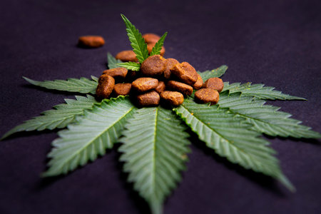 Dog treats and cannabis leaves isolated over black background - CBD and medical marijuana for pets conceptの写真素材