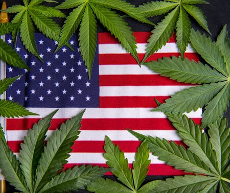 Cannabis leaves framing the american flag with copyspace - veteran theme medical marijuana conceptの写真素材