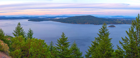 Panoramic view of the Saanich inlet and gulf islands from the Malahat summit in Vancouver Island,...