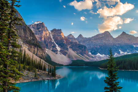 Scenic view of the Moraine Lake at Banff National Parkの写真素材