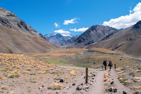 Hiking the valley to the Aconcaguaの写真素材
