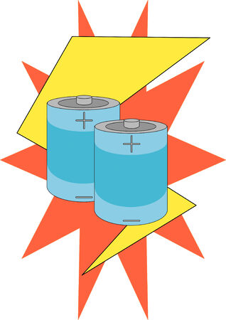 Vector Illustration of two battery cells against a lightning bolt and starburst.のイラスト素材