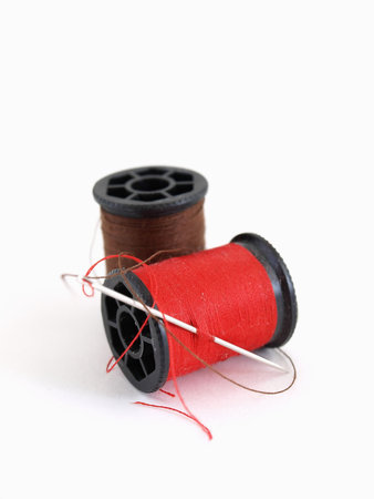 thread, spool, red, white, needle, sewing, supplies, isolated, display, kit,