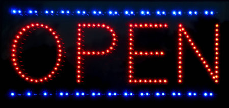 Open light sign in red with blue lines.の写真素材