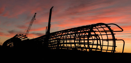 Bridge Pile frames wait to be used with a sunset sky.の写真素材