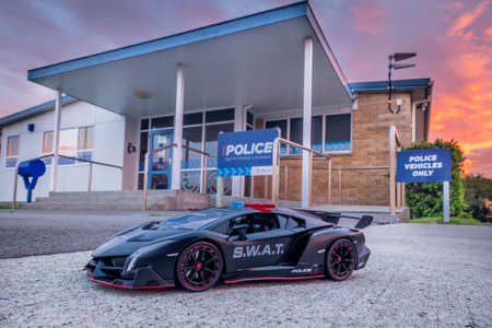 Foxton Beach, Horowhenua, New Zealand, 11.04.2020 Model of a Lamorghhini Veneno Police S.W.A.T. car parked outside Foxton Police Station.の写真素材