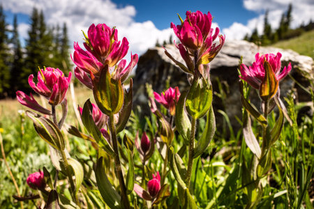 Pink wild flower on green meadow with blue sky with white clouds on a sunny day.